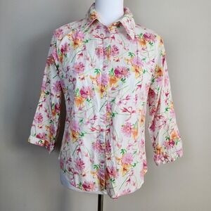 Cherokee Floral Blouse Womens Small Professional Office Button Up Shirt Summer
